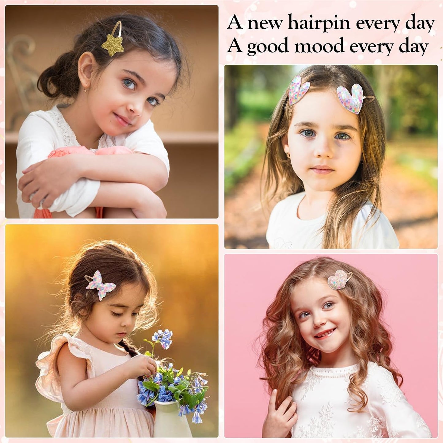 Hair Clips Set - 16 Sparkly Metal Snap Barrettes for Girls | Flower, Star, Crown, Heart & Butterfly Designs