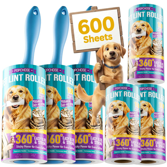 POPCHOSE Lint Rollers for Pet Hair Extra Sticky,600 Sheet Extra Sticky Lint Rollers for Pet Hair,3 Handles & 6 Sticky Rolls,Dog Cat Hair Remover for Clothes,Furniture,Couch,Lint Roller for Clothes