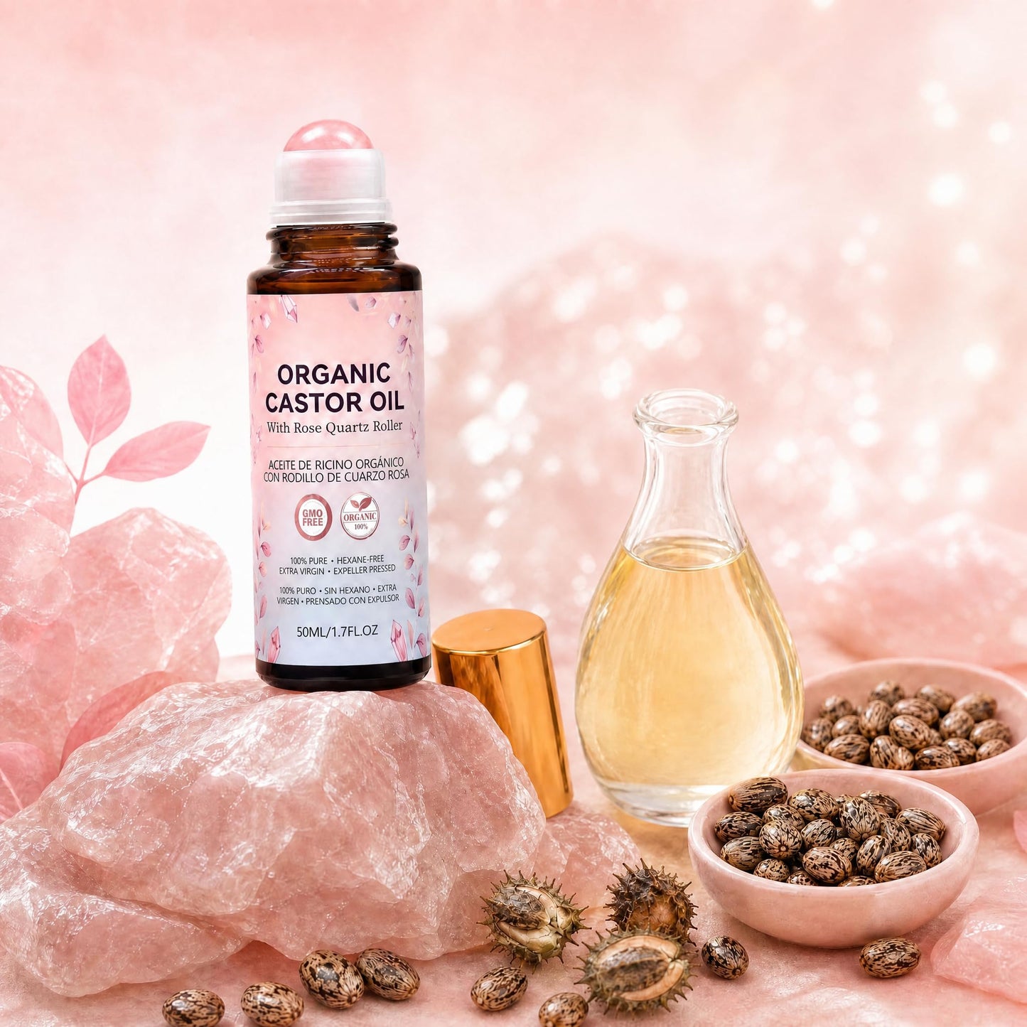 Narvokey Organic Castor Oil Roll On with Rose Quartz Roller, 100% Cold Pressed, Hexane-Free, for Face, Body, Hair, and Eyebrows (1)