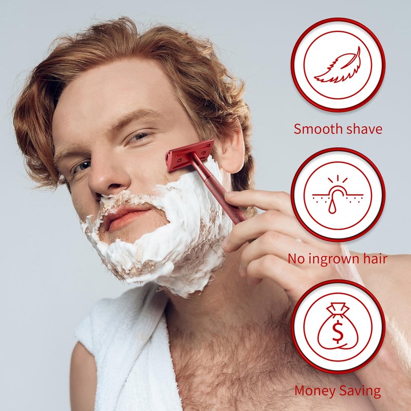 Bambaw Single Blade Double Edged Safety Razor with 5 Blades, Durable Metal Razor for Men & Women, Reusable & Plastic Free Double Edge Safety Razors for Men – Red