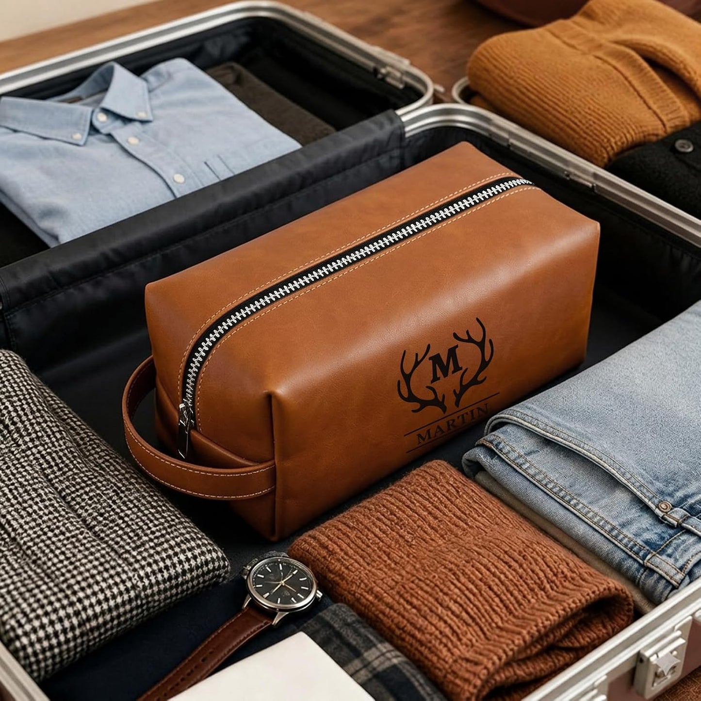 Personalized Toiletry Bag - Waterproof PU Leather Travel Dopp Kit | Custom Engraved Name for Men, Perfect Gift for Husband, Dad, Boyfriend