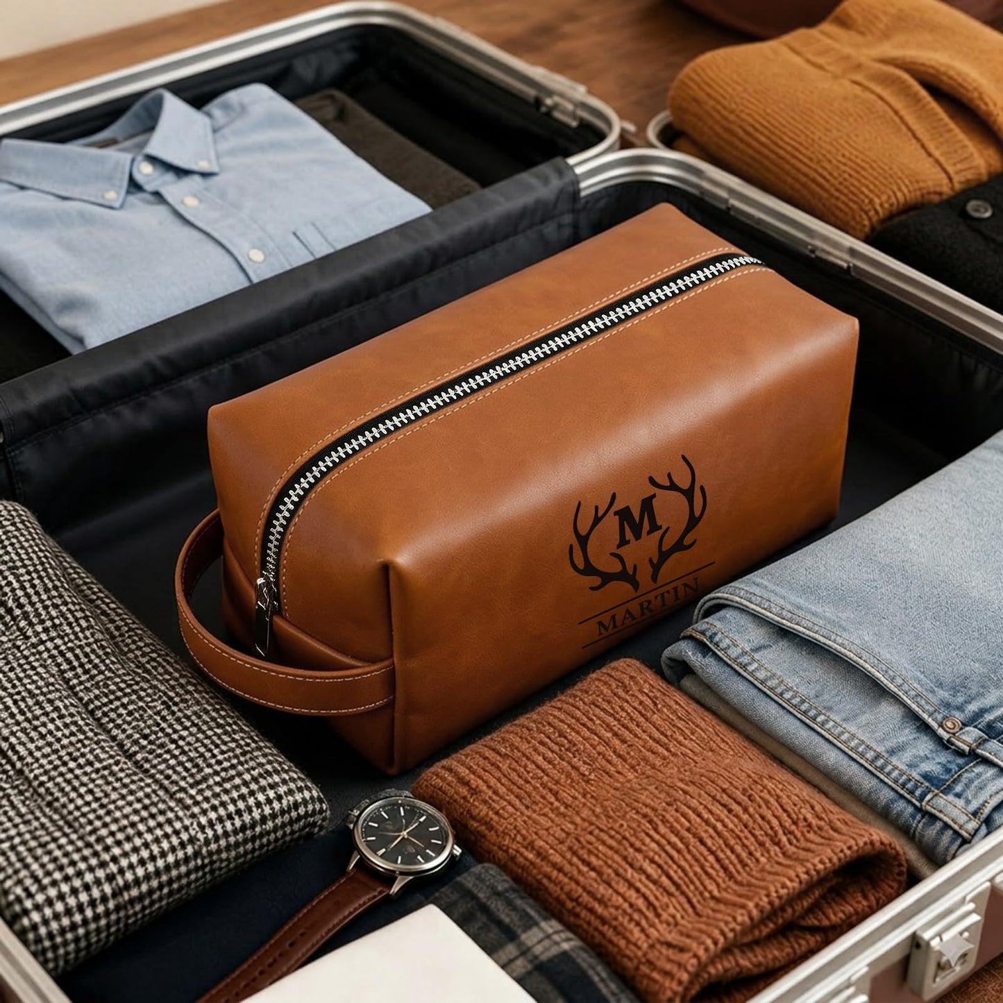 Aeekdook Personalized Toiletry Bag for Men, Waterproof PU Leather Travel Dopp Kit with Engraved Name/Logo, Birthday Gifts for Men Husband Dad Boyfriend, Father's Day Anniversary Groomsmen Gifts