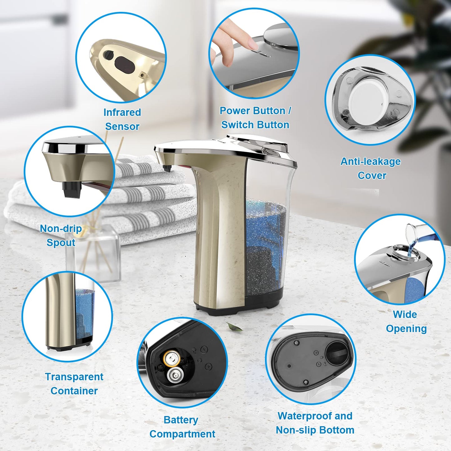 PZOTRUF Automatic Soap Dispenser, Touchless Dish Soap Dispenser 17oz/500ml with Infrared Sensor, 5 Adjustable Soap Dispensing Levels, Liquid Hand Dispenser for Bathroom Kitchen Sink(Champagne Gold)