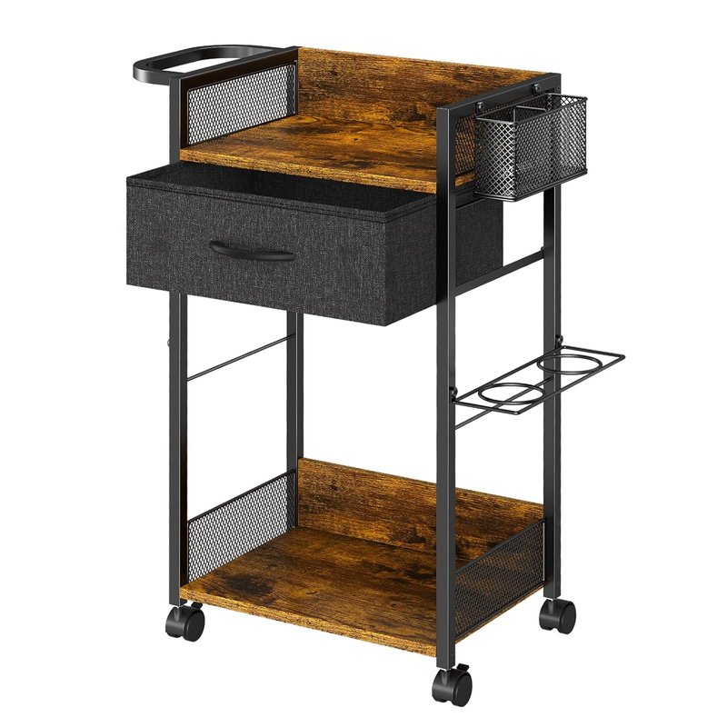 Mobile Hair Stylist Station - Salon Trolley Cart with Wheels, Metal Tool Holder & Fabric Drawer | Black