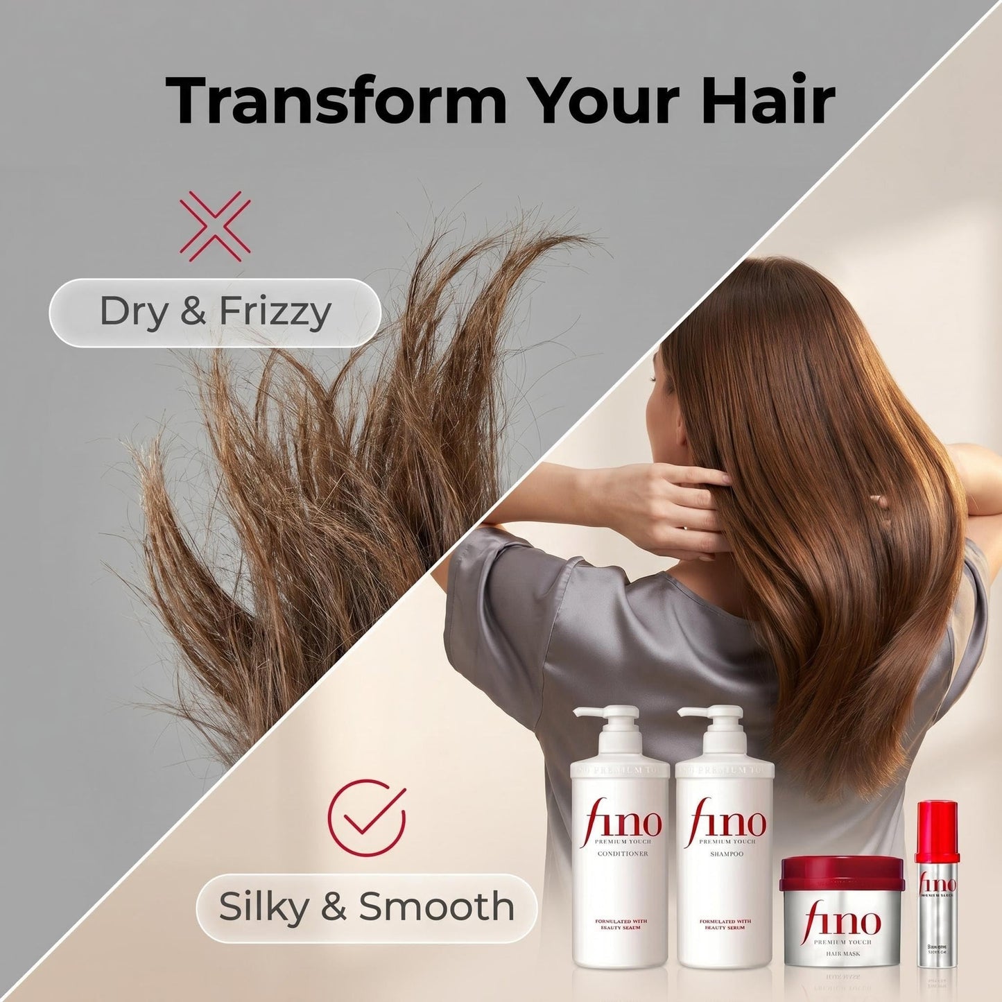 TJ SIGNATURE Fino Premium Touch Complete Hair Spa Set - Shampoo (550ml), Conditioner (550ml), Mask (230g) & Hair Oil (70ml) 5-Piece J-Beauty System for Damaged Hair - Bonus Branded Hair Tie Included