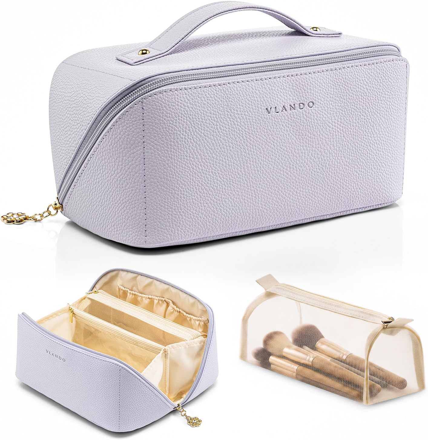 VLANDO Makeup Bag - Travel Toiletry & Cosmetic Bag for Women | PU Leather, Portable Design - Toffee
