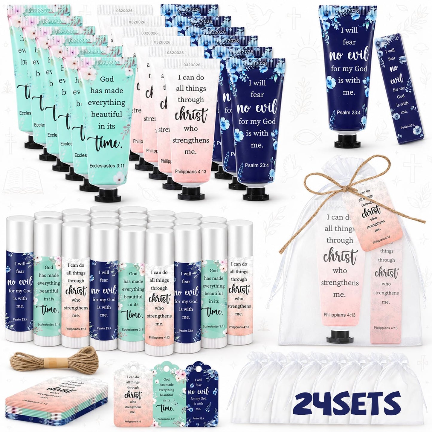 96Pcs 24 Sets Christian Hand Cream and Lip Balm Gift Set Moisturizing Gift Sets With Organza Bag Christian VBS Gifts Bible Verse Bulk Gifts for Teacher Wedding Baby Shower Church Prayers for Women