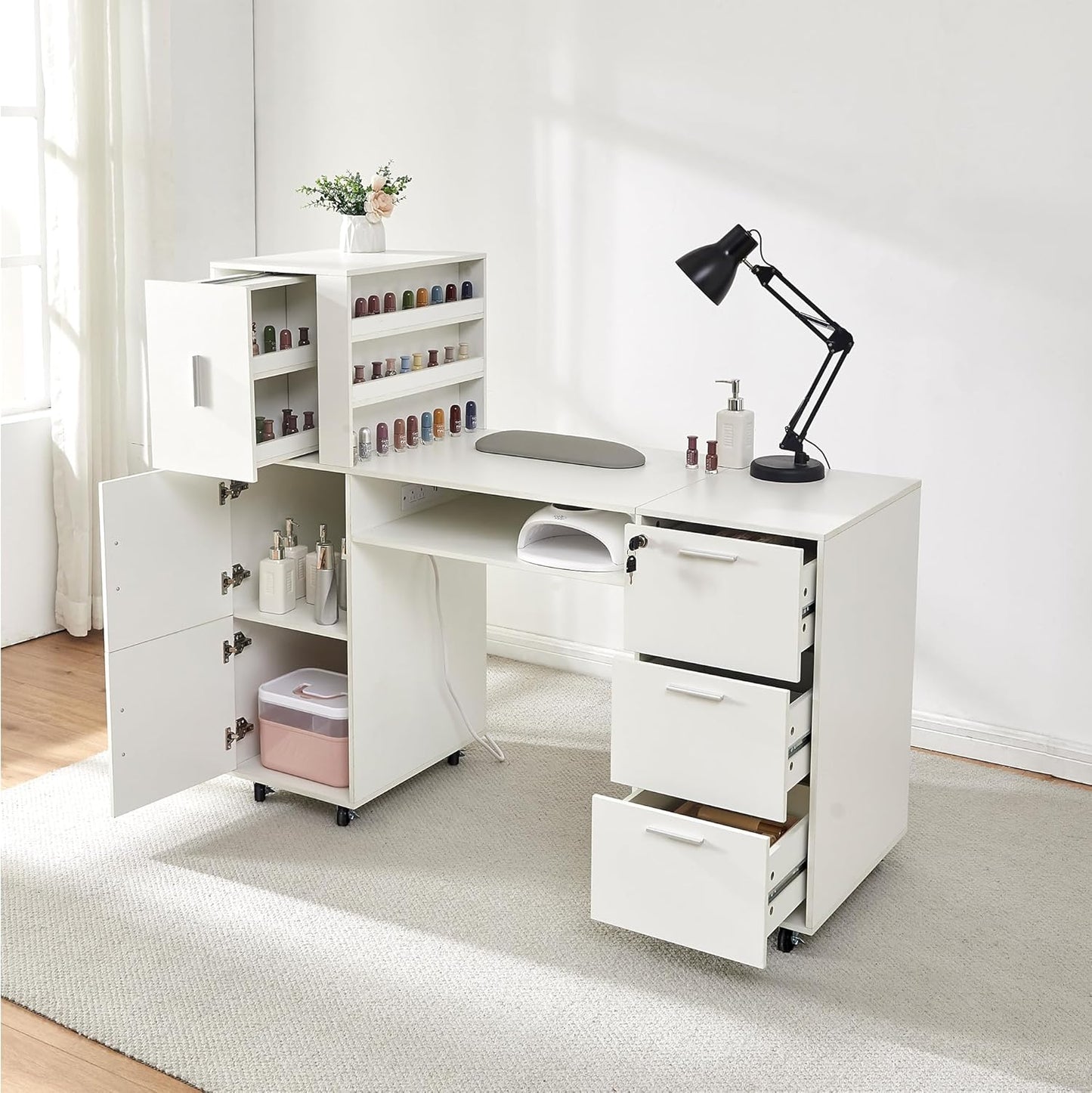 Manicure Table - 56 Inch Nail Desk with 3 Cabinets, 3 Drawers & Power Outlet | Professional Salon Workstation