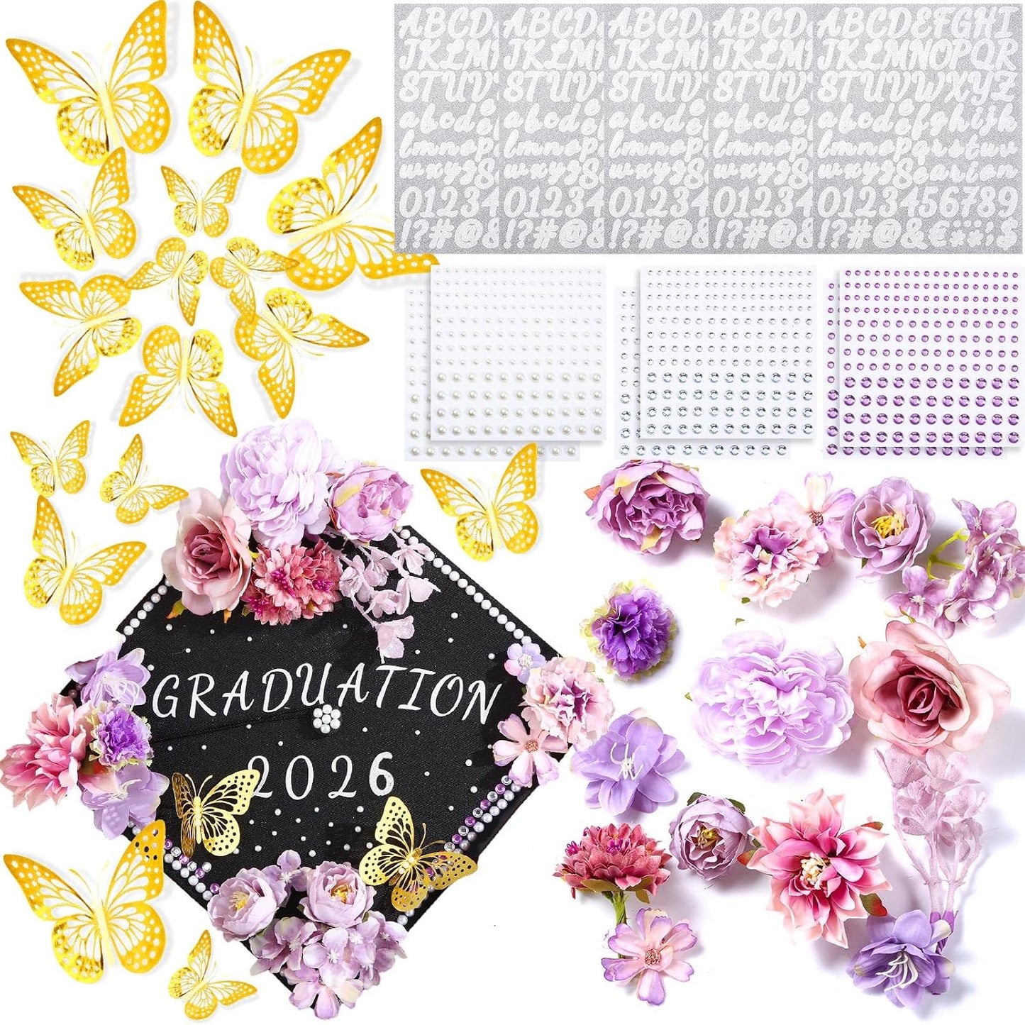 DIY Graduation Cap Decorations Kit - Faux Flowers, 3D Butterflies & Rhinestones | Pink Grad Cap Topper for 2026