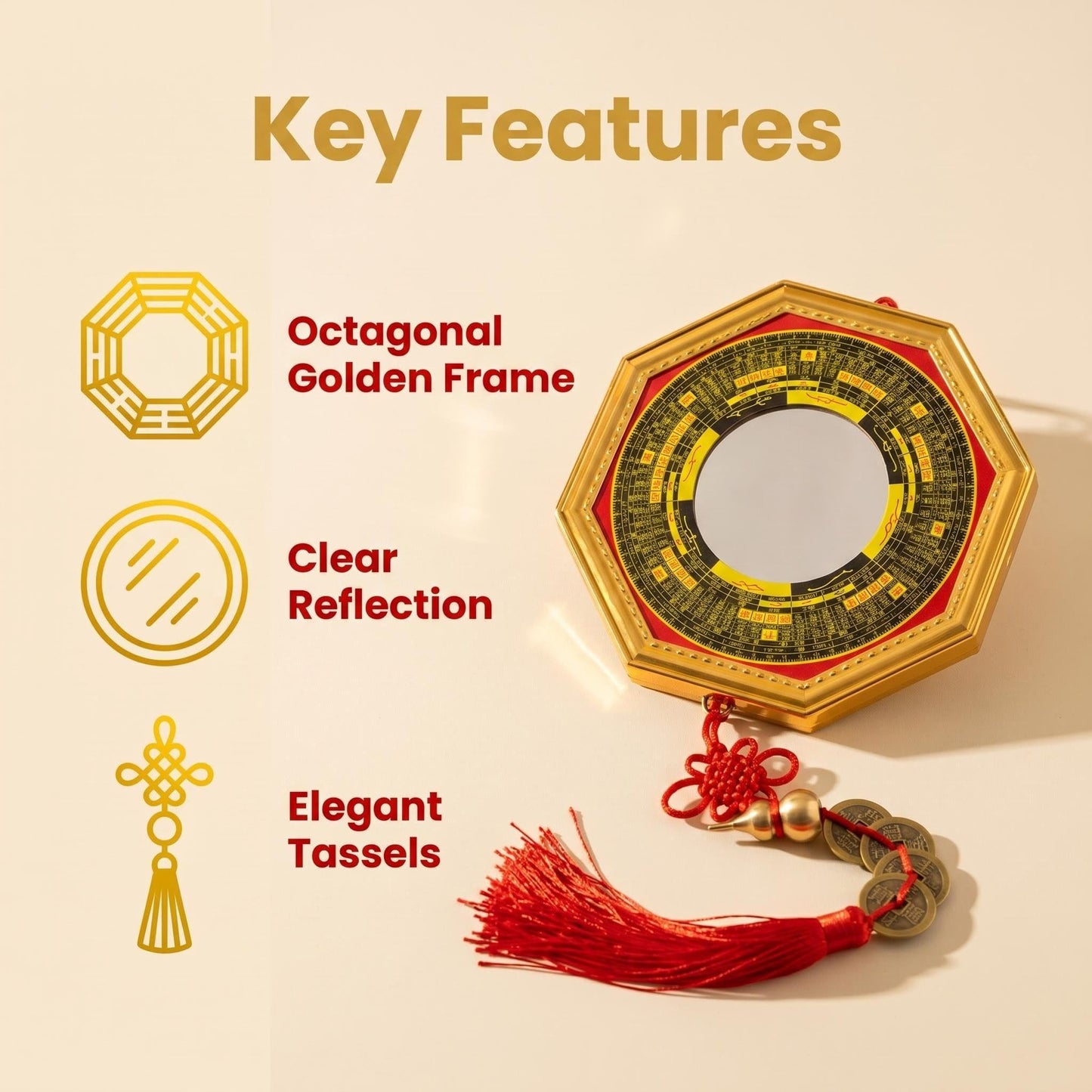 CNYTPE Feng Shui Bagua Mirror with Five Emperor Coins & Wu Lou
