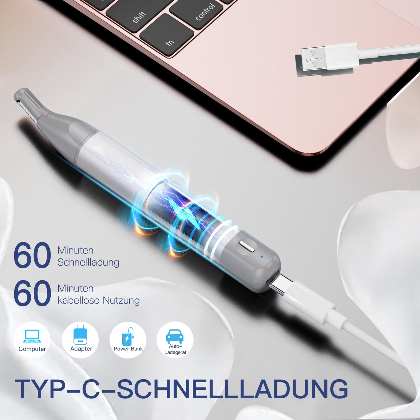 HEBECA Nose Hair Trimmer for Men & Women - 2in1 Rechargeable Ear and Nasal Hair Trimmer, Waterproof Nose Clipper, Electric Eyebrow Trimmer & Facial Hair Remover Grooming Set (Silver Grey)