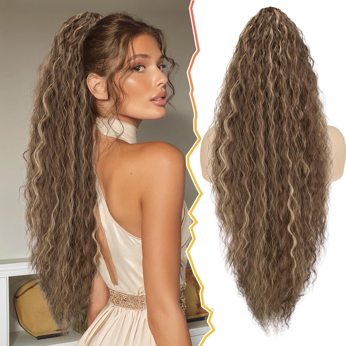 22 Inch Black Curly Wavy Drawstring Ponytail Extension - Synthetic Clip-In Hairpiece for Voluminous Bohemian Style