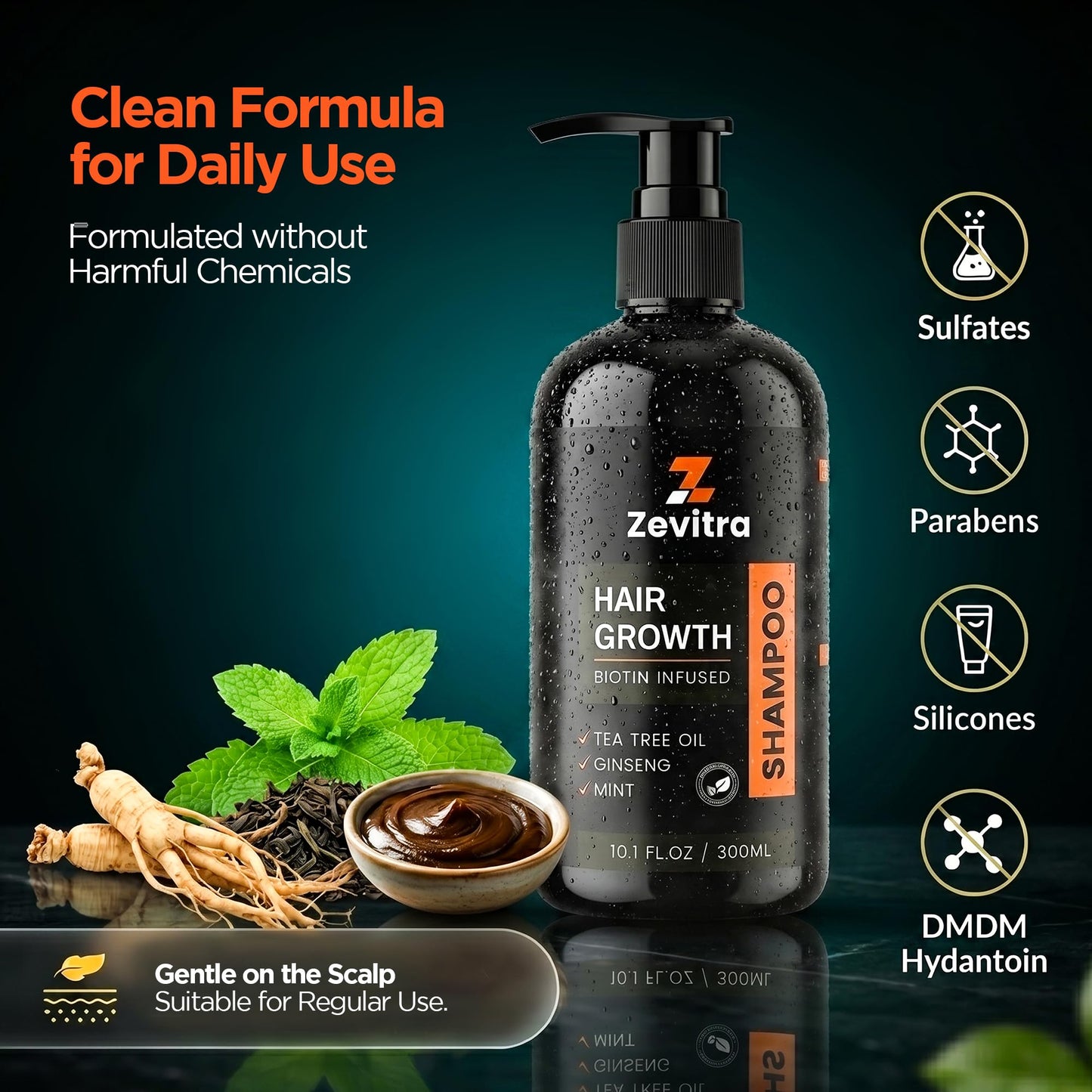 Zevitra Hair Growth Shampoo 10.1 FL.OZ / 300ML Biotin Hair Shampoo with Tea Tree Oil, Ginseng & Mint To Cleanse The Scalp – Strengthen Roots and Reduce Breakage – Sulfate & Paraben Free Formula