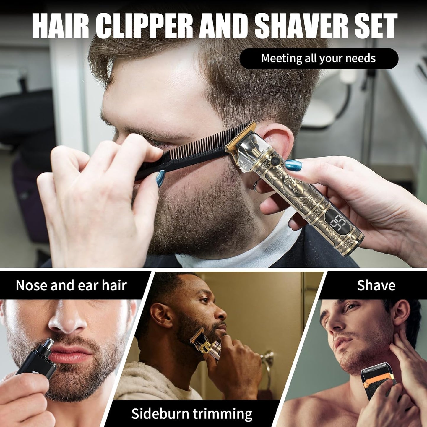 Men's Hair Trimmer - Professional Electric Shaver & Nose Hair Clippers | Cordless T-Blade Grooming Kit (Bronze)