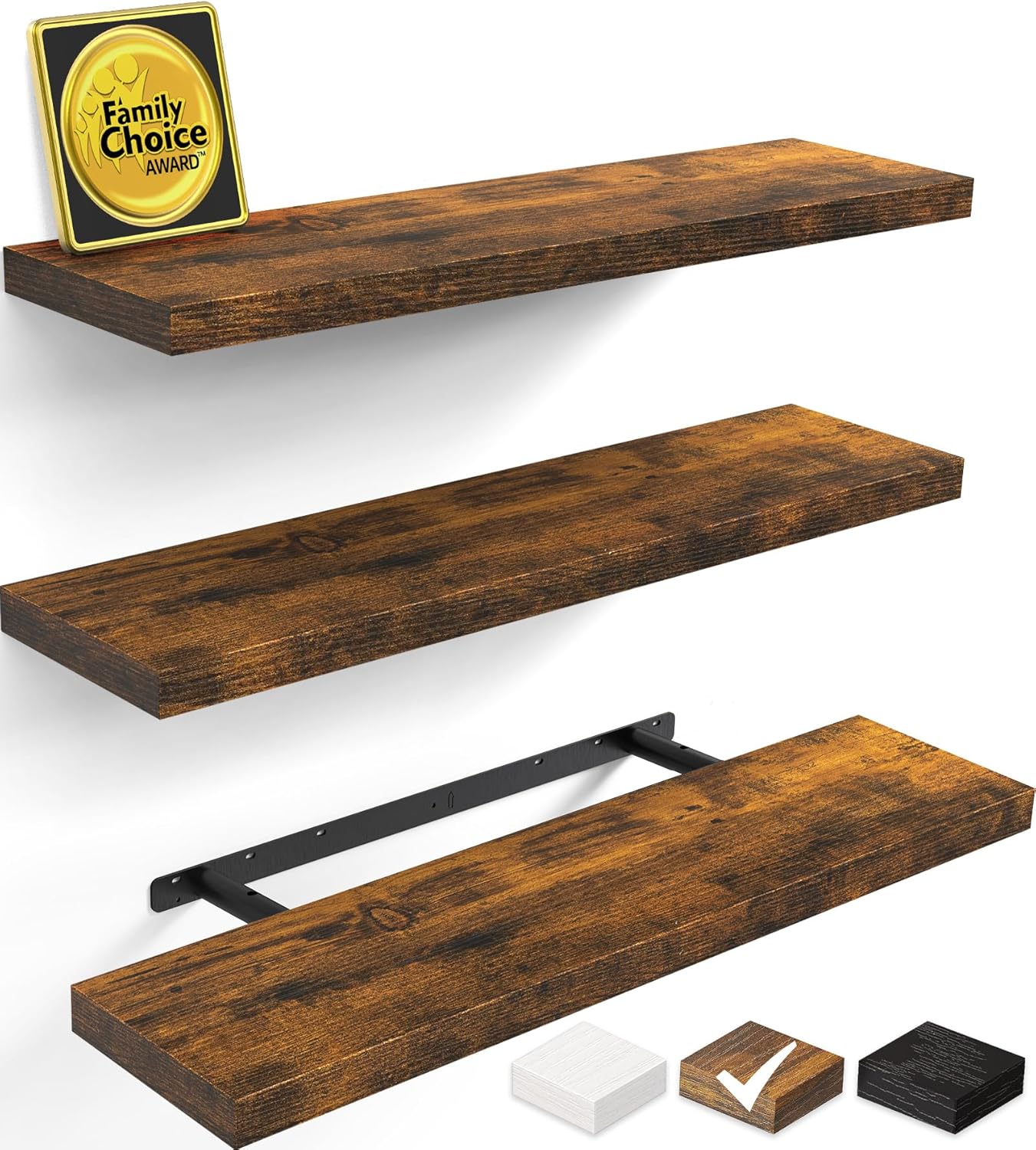 Floating Shelves Set of 2 - Rustic Wood Wall Mounted | 22.5 Inches for Bathroom, Bedroom, Living Room, Kitchen - 22lbs Capacity, Rustic Brown