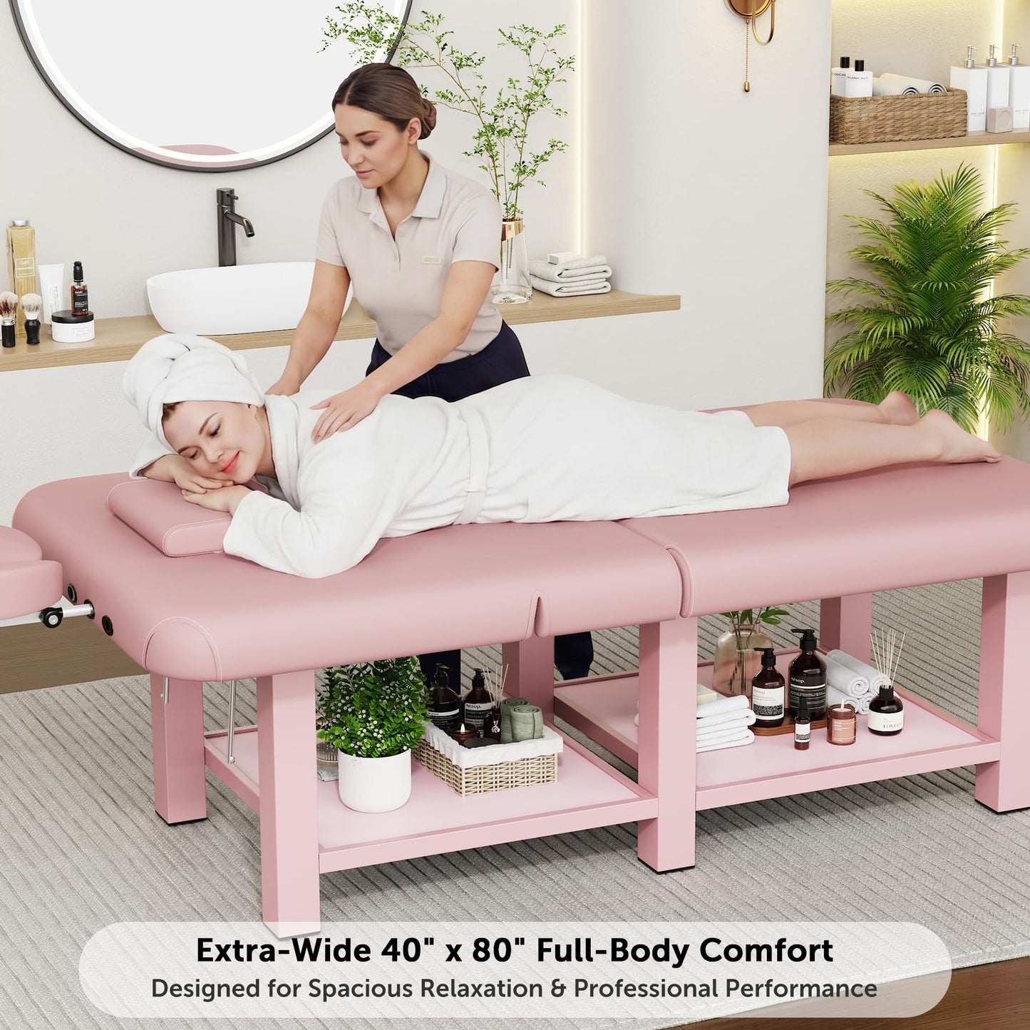 Extra Large 40in Width × 80in Length Folding Stationary Massage Table with Adjustable Backrest, Heavy-Duty Metal Frame for Spa, Physical Therapy, Tattoo, Medical Exam Use, Big-Boned Person - Pink
