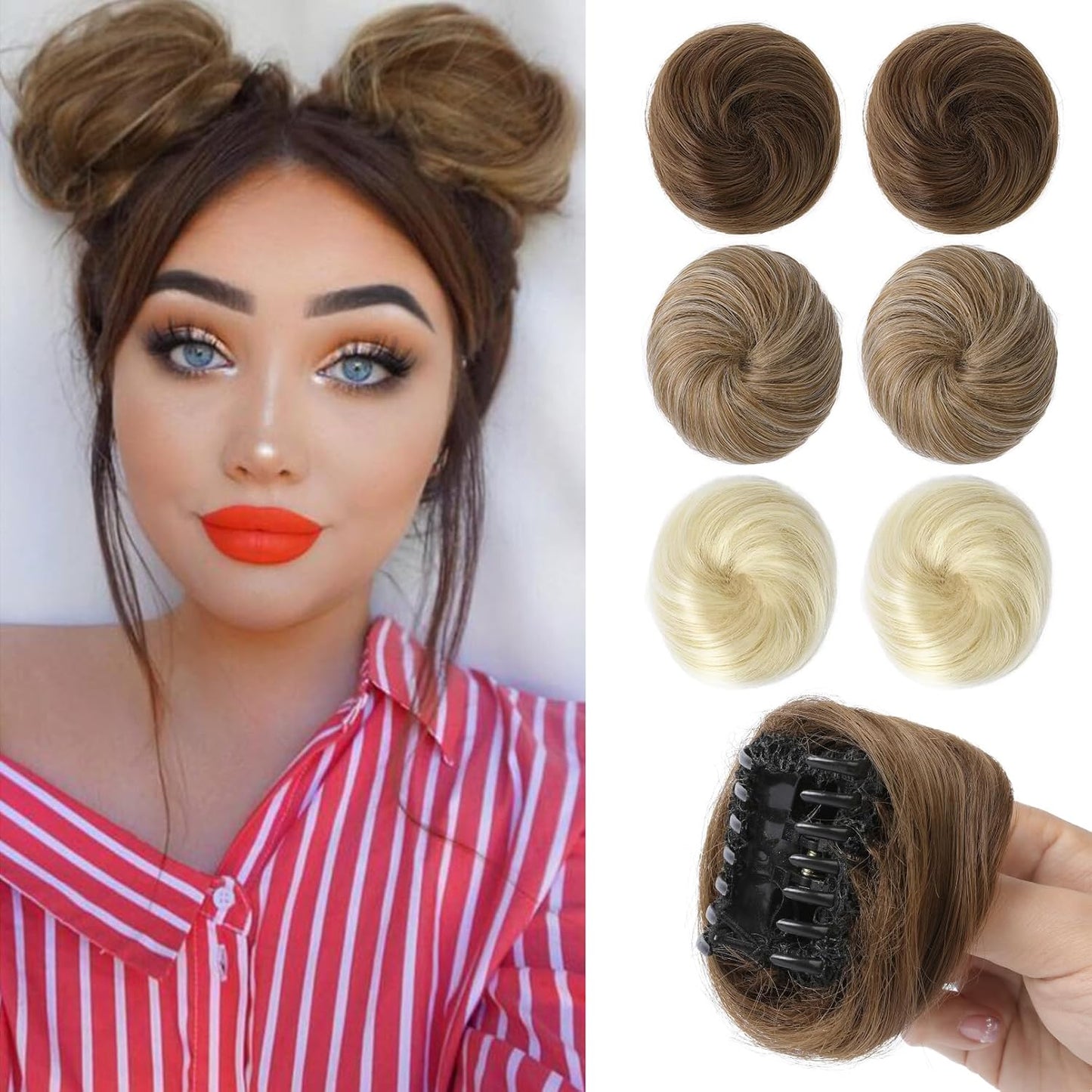 Mini Claw Clip Hair Bun Extensions - 2 PCS Messy & Cat Ears Updo Accessories | Golden Blonde Mix
