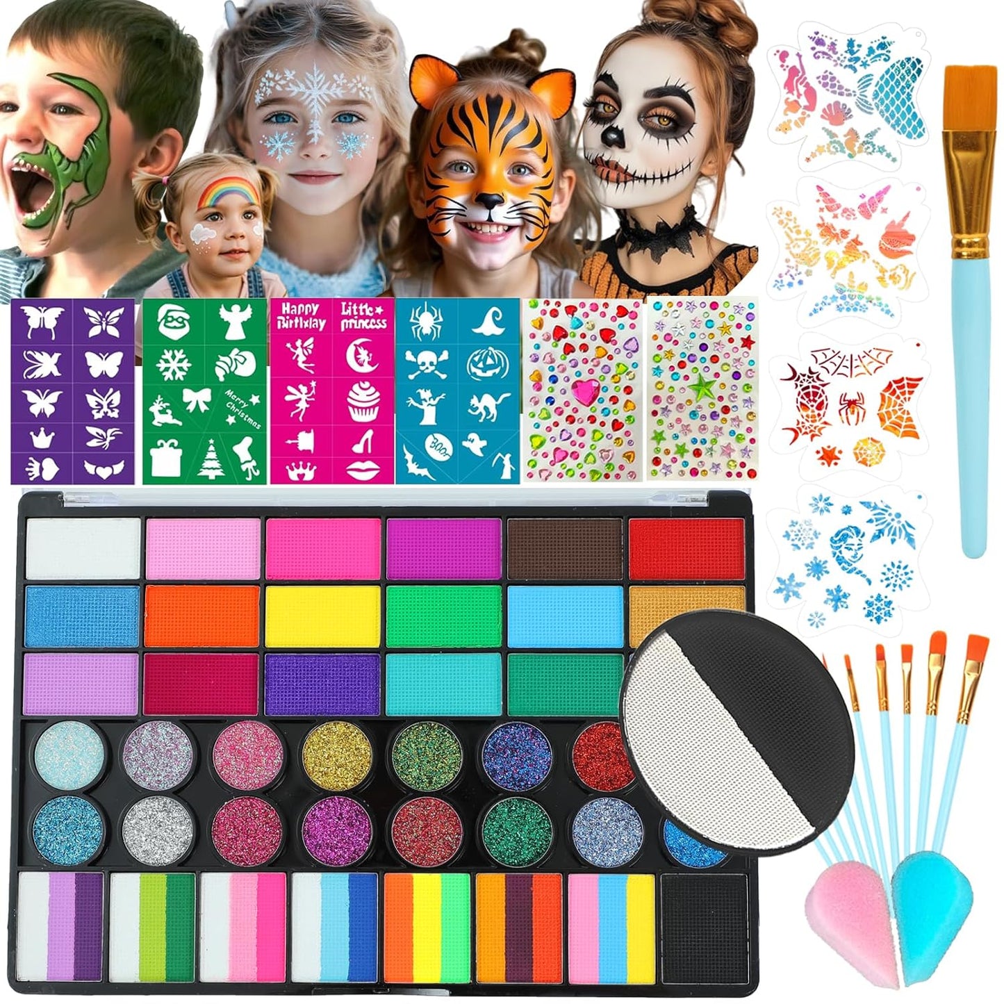 Face Painting Kit for Kids - 42 Color Non-Toxic Water Activated Makeup Set with Brush, Stencil & Sponge | Perfect for Parties & Holidays