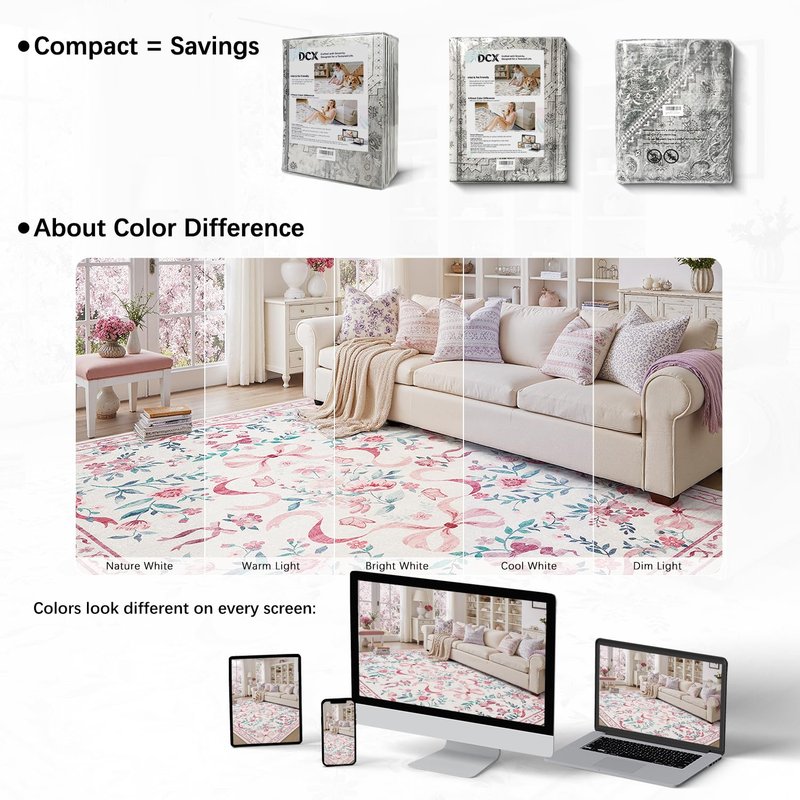 DCX Washable 9x12 Bow Rug, Pink Floral Rug for Girls’ Bedroom, Cute Soft Low Pile Indoor Décor Carpet, Kid & Pet Friendly Nursery Rug for Living Room, Dorm, Playroom