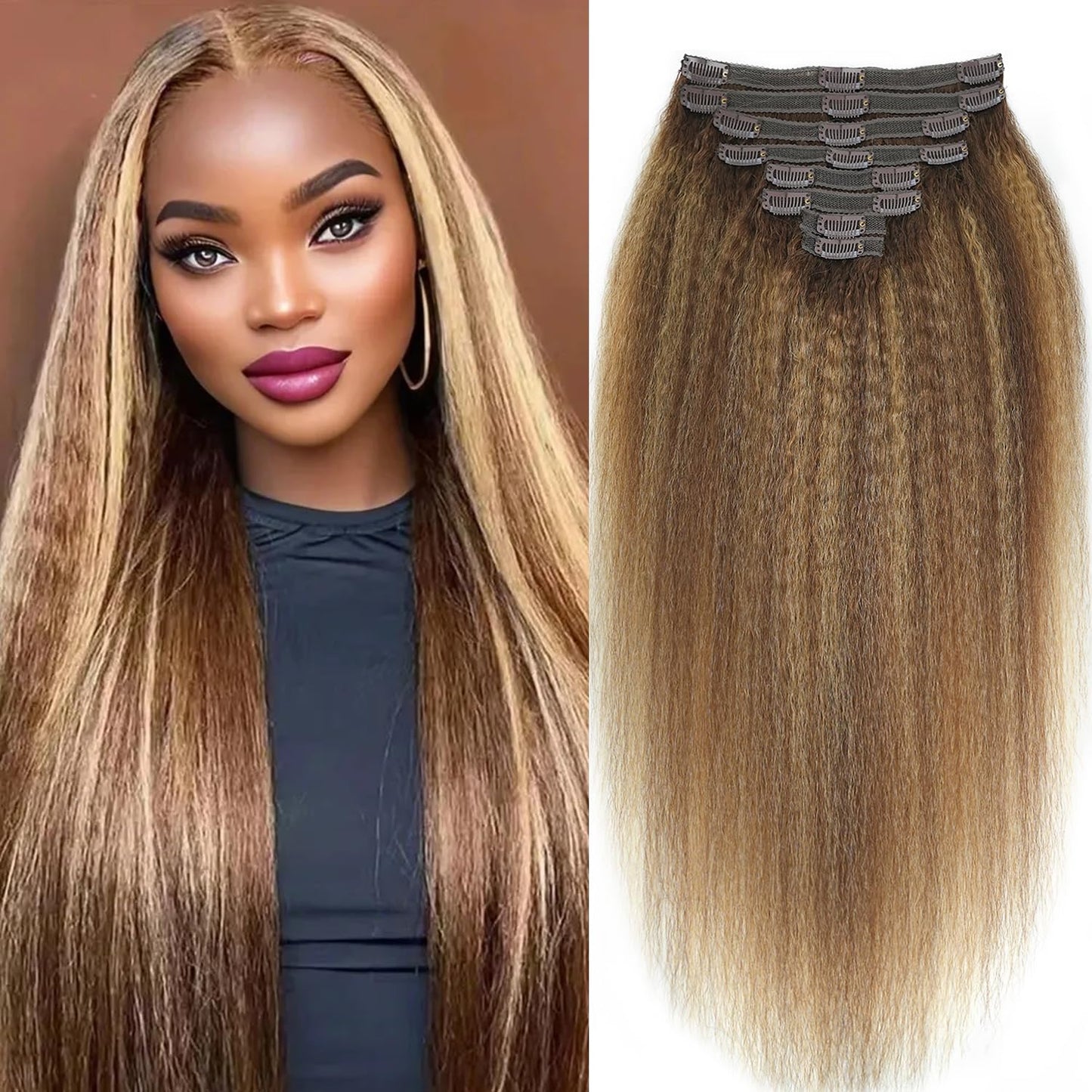 Mihugass Kinky Straight Clip In Hair Extensions Human Hair Clip Ins for Black Women Highlight Balayage Brown Blonde Mix #4/27/4 Full Volume Natural Texture 8pcs 120g 26 Inch