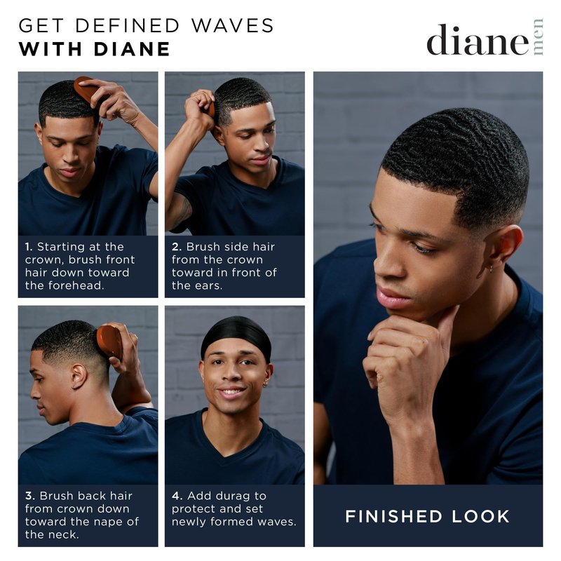Diane Premium 100% Boar Wave Brush for Men and Barbers , Mens Hair Brush– Medium Bristles for Thick Coarse Hair – Use for Detangling, Smoothing, Wave Styles, Soft on Scalp, Restore Shine and Texture