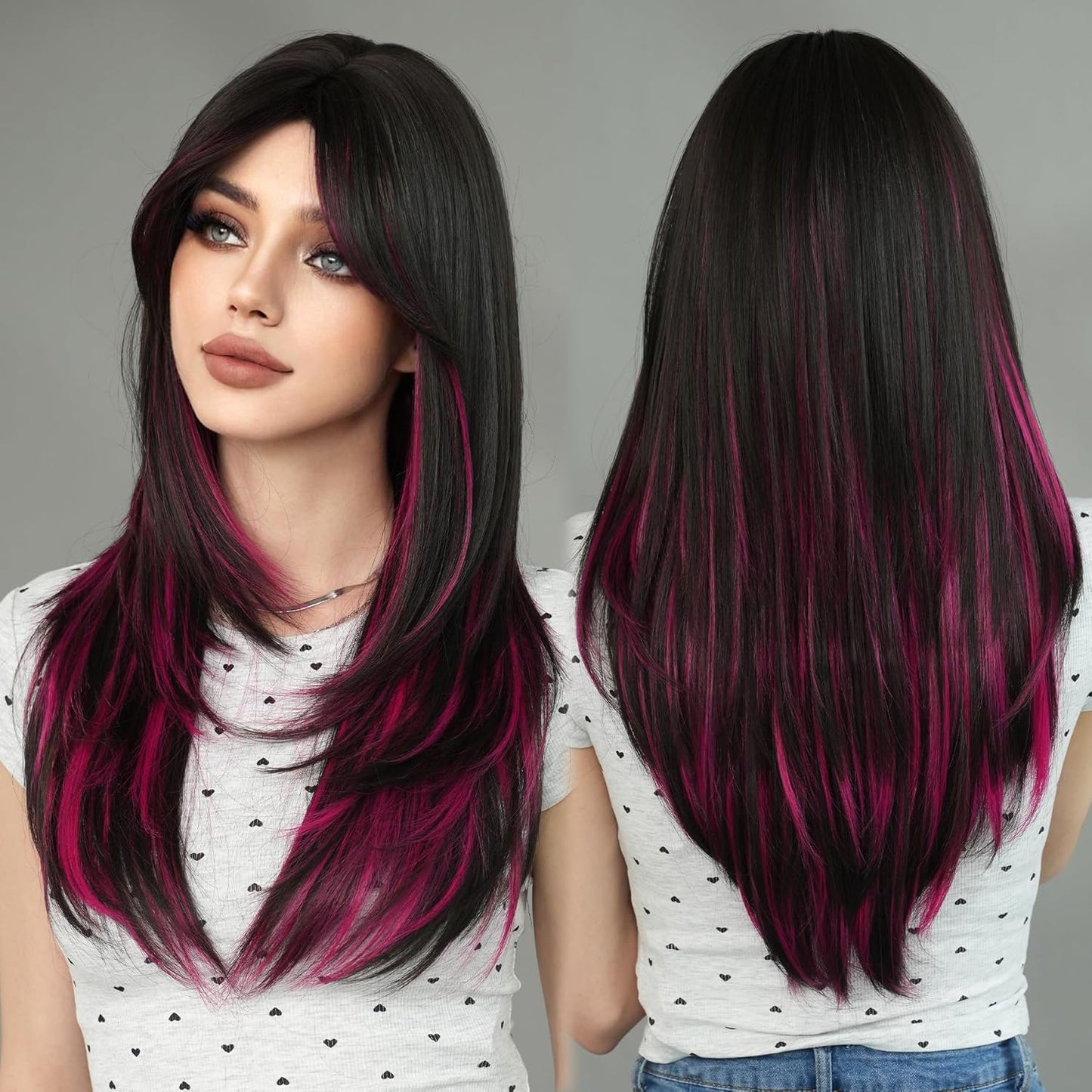 Long Natural Black Wig with Bangs - Heat Resistant Synthetic Hair for Daily Wear