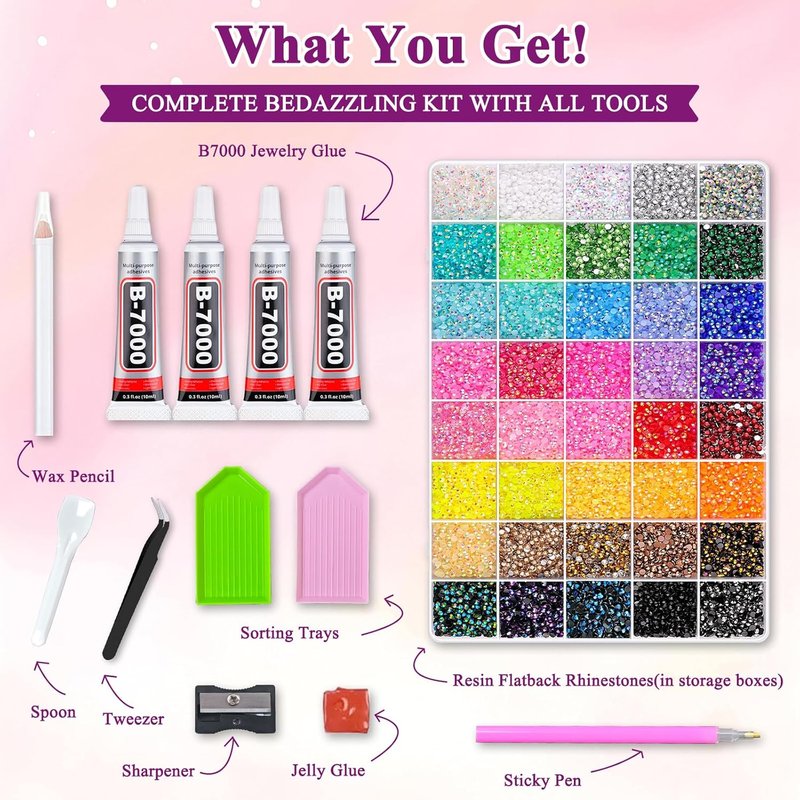 Resin Jelly Rhinestones - 40 Colors 3mm Flatback Gems Kit with B7000 Glue & Tools | DIY Crafting, Nail Art & More