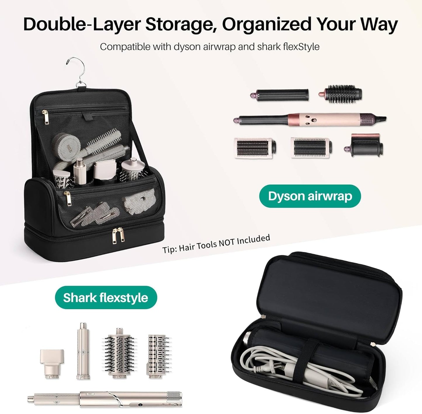 Hanging Hair Tool Organizer for Dyson Airwrap | Water-Resistant Travel Case with Removable Divider - Black