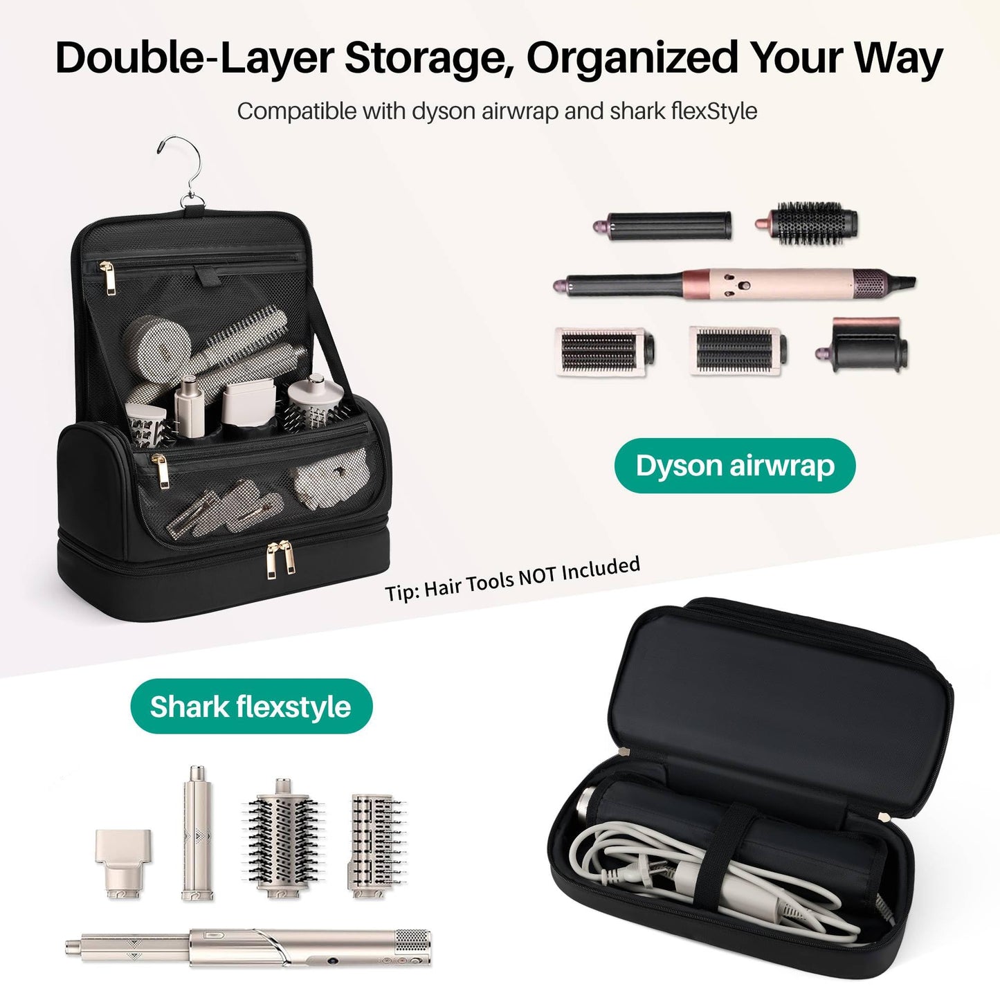 Noldena Hanging Hair Tool Organizer for Dyson Airwrap and Shark FlexStyle, Water-Resistant Travel Case with Removable Divider, Storage Bag for Attachments, Black