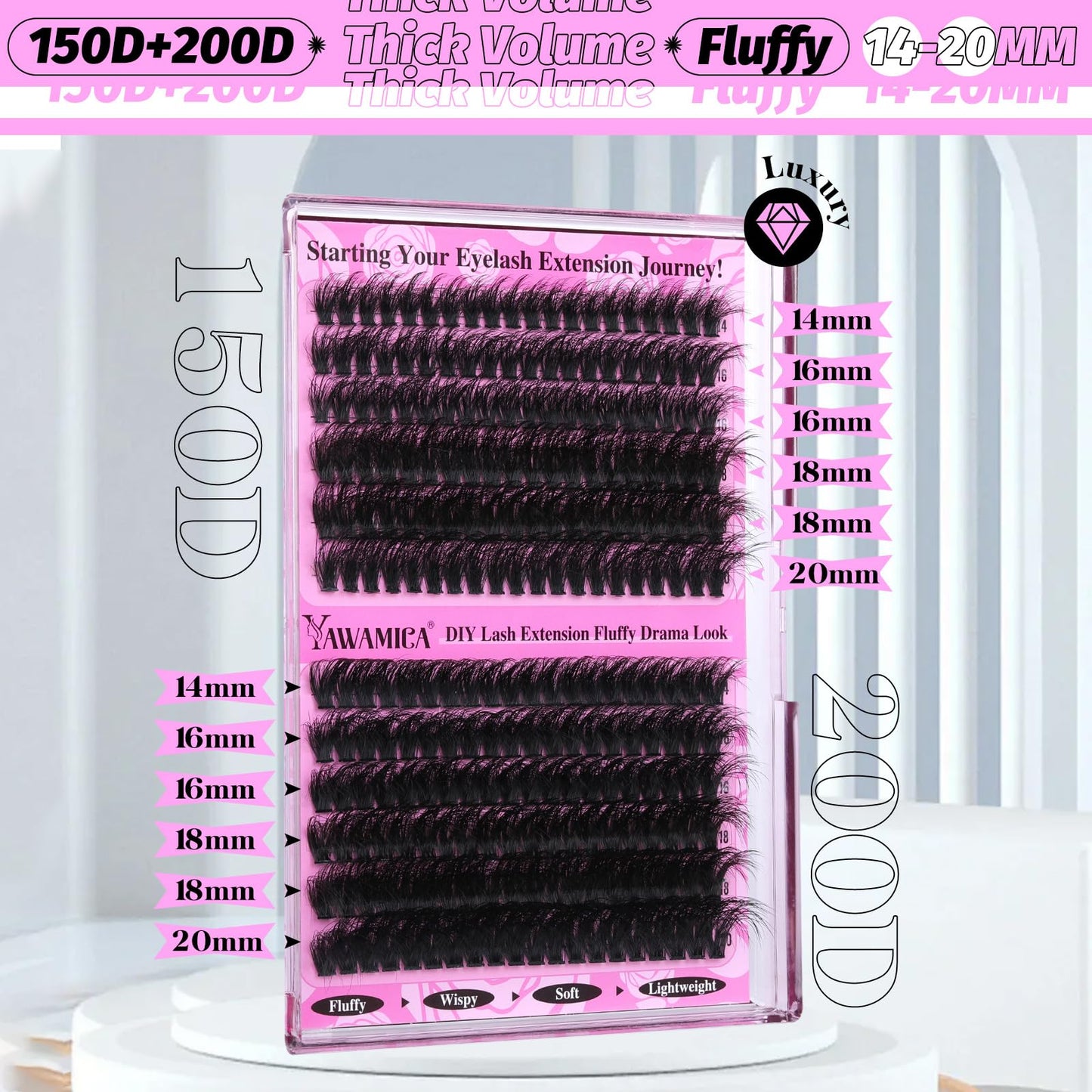 Yawamica Wispy Individual Lashes Clusters Fluffier Eyelash Extension 150D+200D Thick Volume Eyelash Clusters 14-20mm D Curly Lashes 240pcs DIY Lash Extension for Beginners, Black