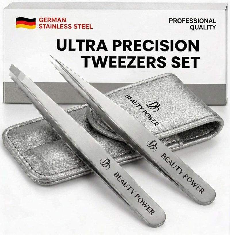 Beauty Power Professional Tweezers Set – Slant & Point, Ultra Precision German Stainless Steel Tweezers for Eyebrows, Chin, Ingrown Hair & Facial Grooming – Lightweight with Case - Gift Idea - Gold