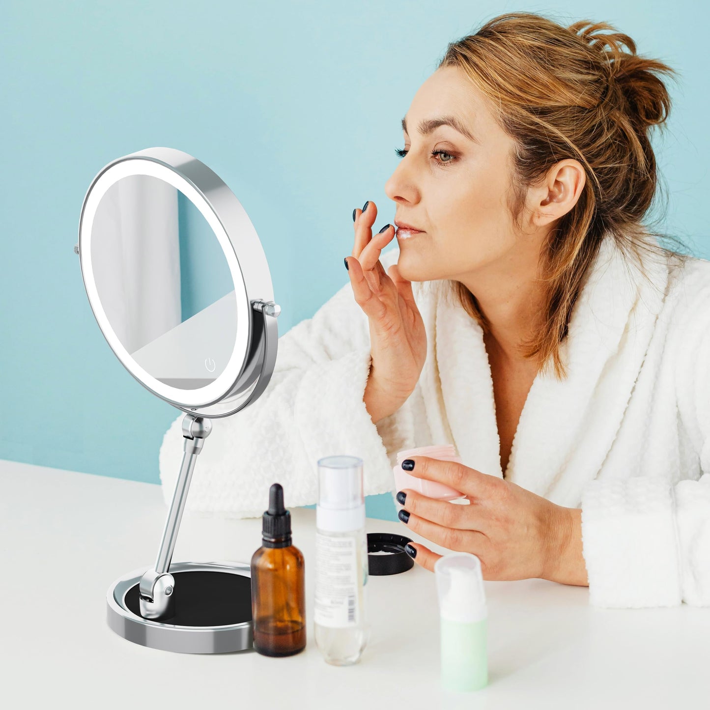 Rocollos Tabletop Makeup Mirror with Built-in Vanity Tray, 9" Rechargeable 4000mAh Lighted Vanity Mirror 1X/10X Magnification, Height-Adjustable Arm, 3 Color Dimmable (Nickel)