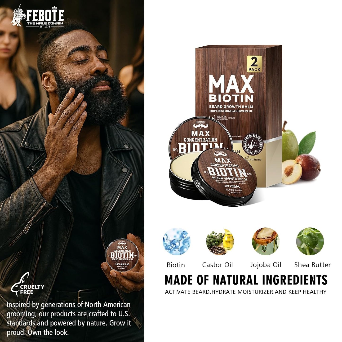 Biotin Beard Balm Set for Men - Natural Sandalwood Butters | Moisturize & Shape Beards - Perfect Grooming Gift