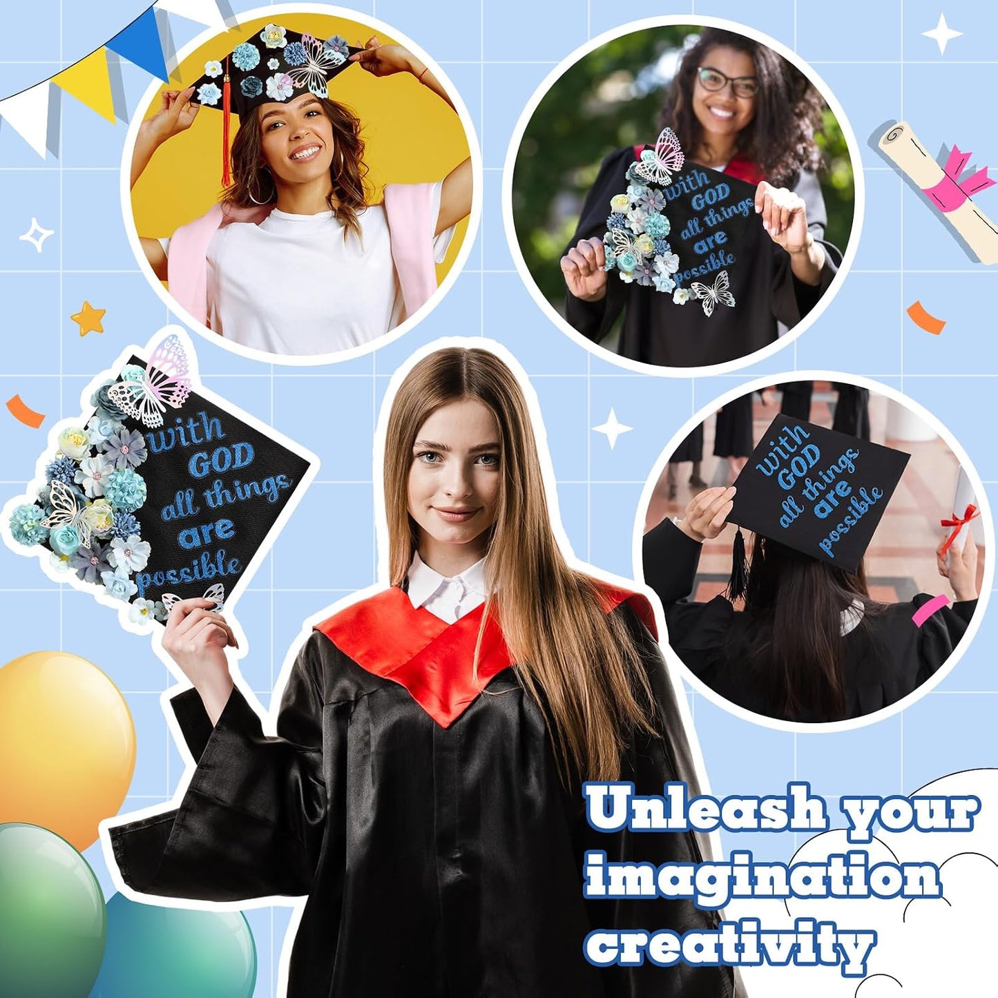 Graduation Cap Decoration Kit - 36 Pcs with Faux Flowers, Glitter Stickers & 3D Butterflies | Blue Inspirational Themes