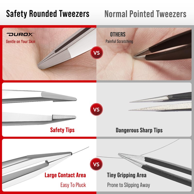 DUROX Round Tip Tweezers for Women Facial Hair, Blunt Tip Tweezers for Chin Hair & Eyebrow Removal, Precision Rounded Tweezers for Hair Removal, Stainless Steel, Round Tweezers for Eyebrows
