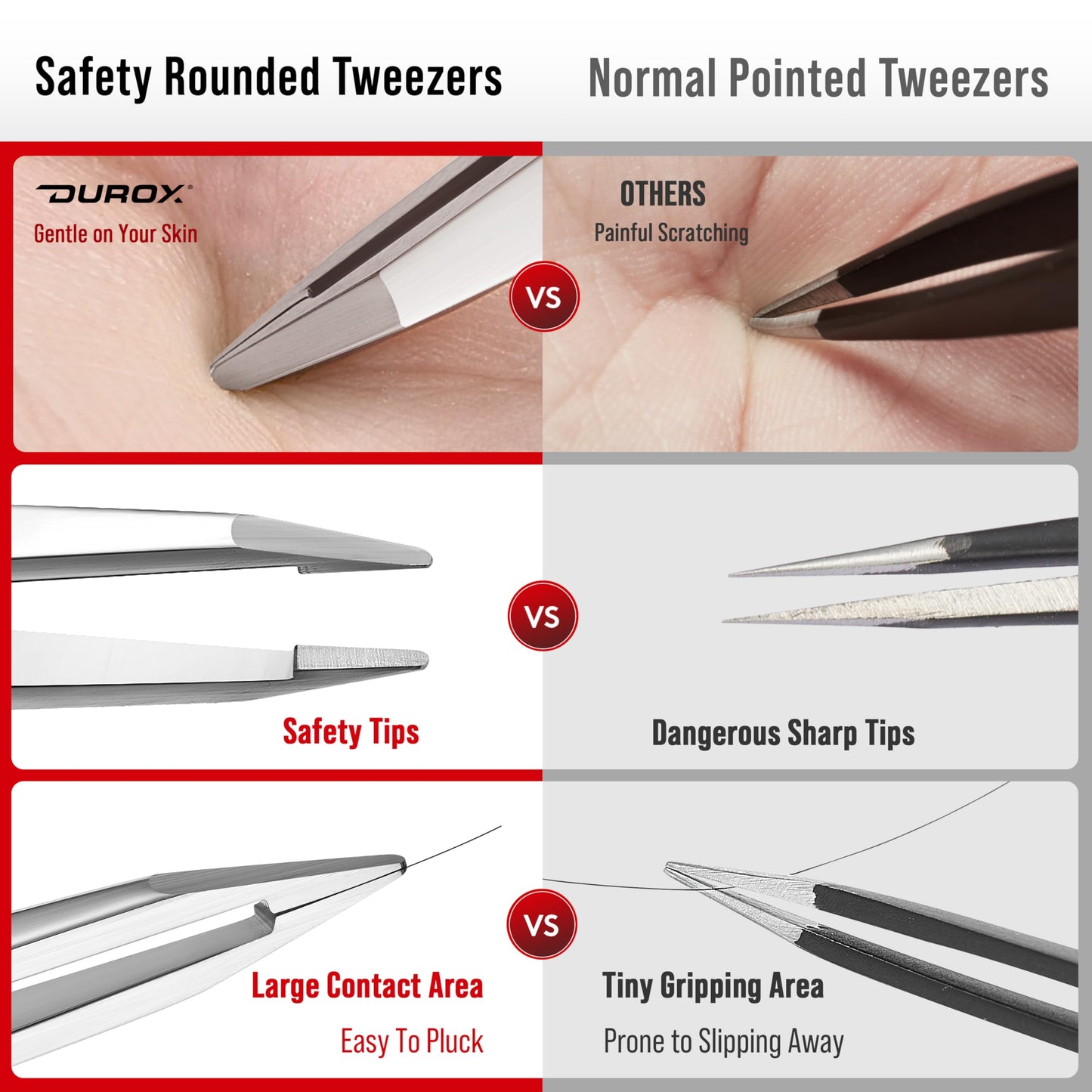 DUROX Round Tip Tweezers for Women Facial Hair, Blunt Tip Tweezers for Chin Hair & Eyebrow Removal, Precision Rounded Tweezers for Hair Removal, Stainless Steel, Round Tweezers for Eyebrows
