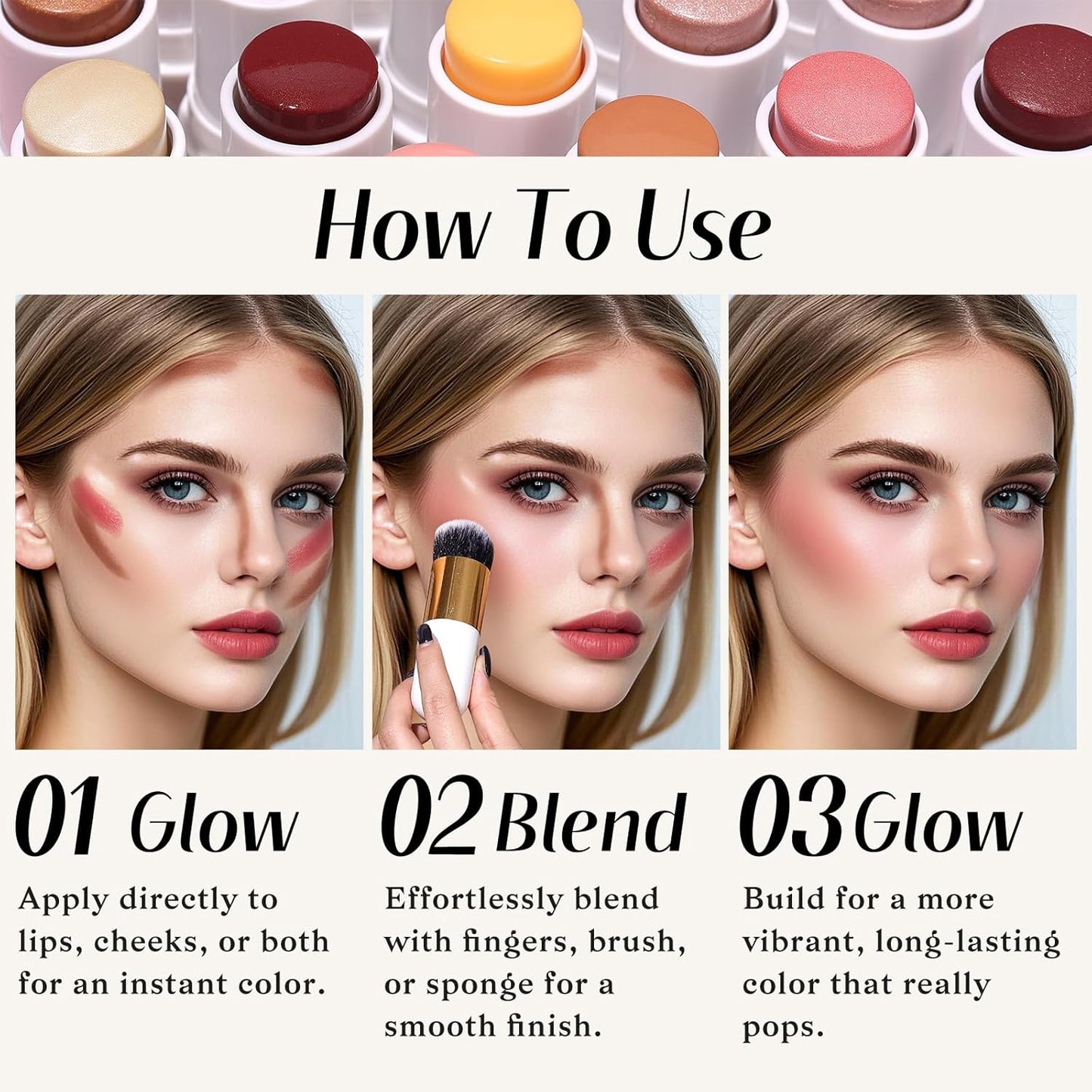 KIMUSE Cream Blush, Highlighter & Contour Stick Trio - Long-Lasting Face Makeup Set with Brush
