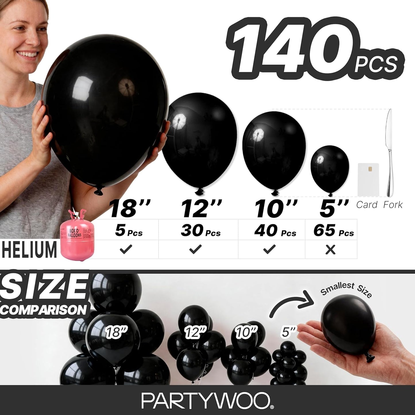 Black Balloon Arch Kit - 140 Pcs in 5-18 Inch Sizes for Baby Showers, Birthdays & Anniversaries | Elegant Black Decor