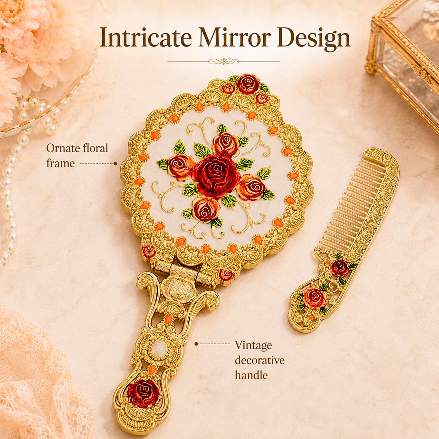 Vintage Hand Mirror Comb Set - Antique Vanity Handheld Makeup Mirror, Gold