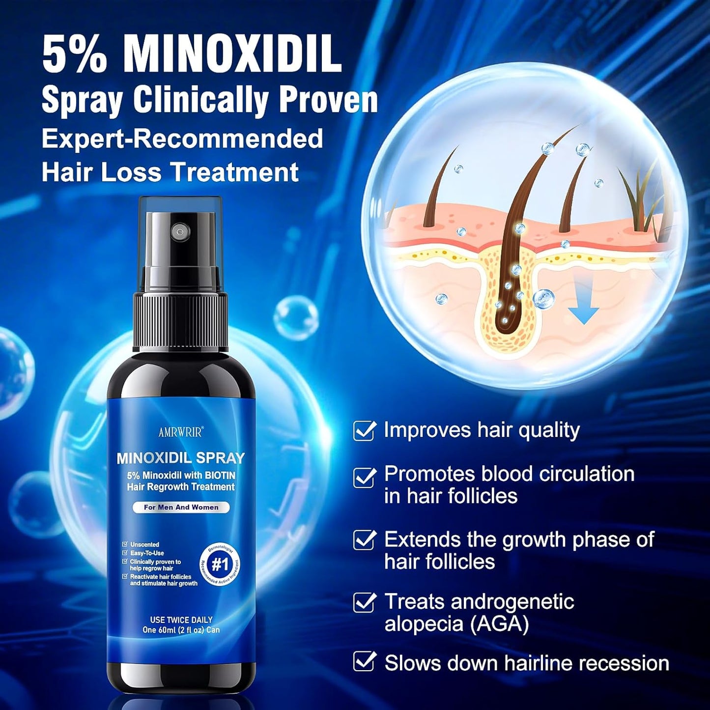 Minoxidil Hair Growth Spray for Men & Women - Biotin Infused Treatment | 6 Pcs, 12 Fl Oz Total
