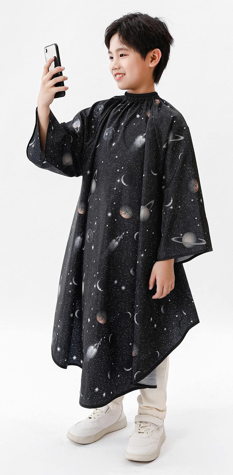 PERFEHAIR Kids Hair Cutting Cape with Sleeves, Kids Barber Cape Haircut Cape for Boy & Girls, Professional Salon or Home Hair Cut Cape-Black Space Printing