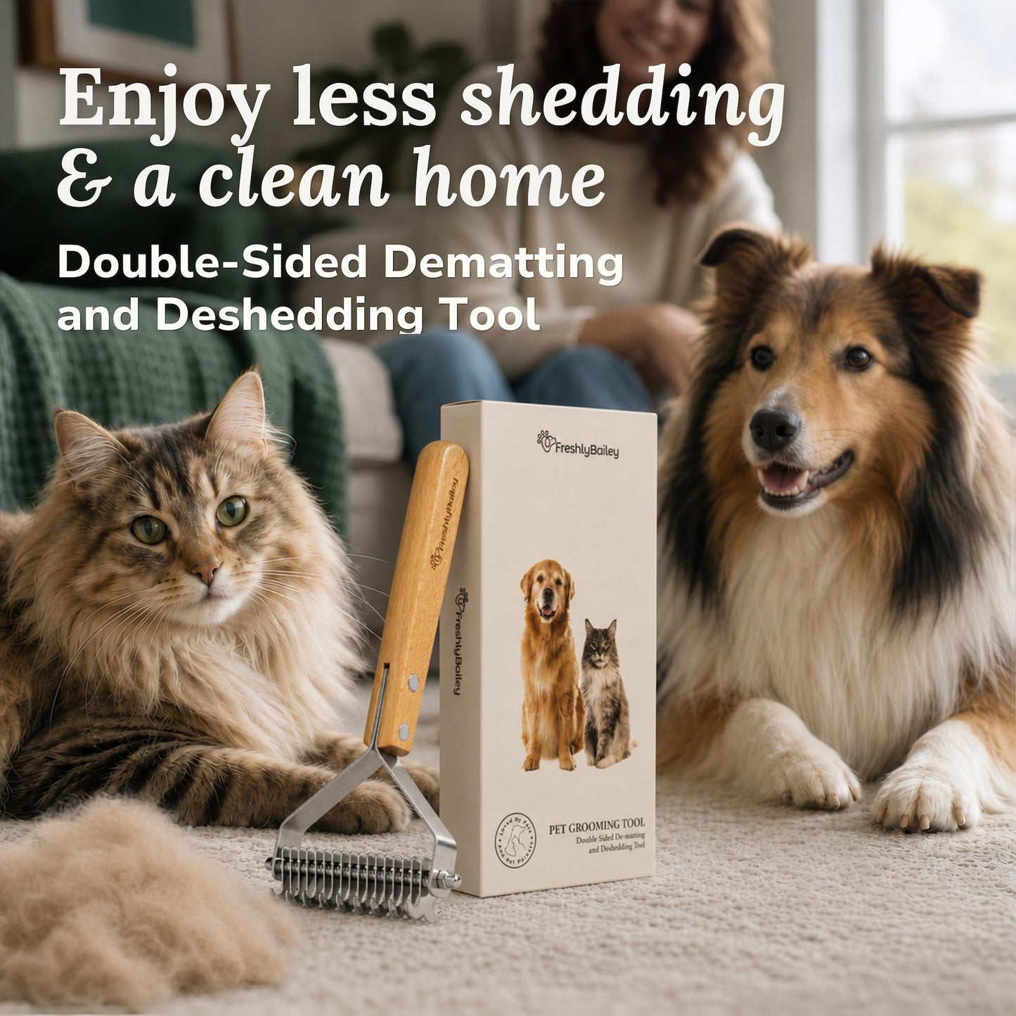 Freshly Bailey Dematting Comb for Cats and Dogs, Mat Remover and Deshedding Grooming Tool, Safe Detangler for Matted Fur, Double Sided Undercoat Rake