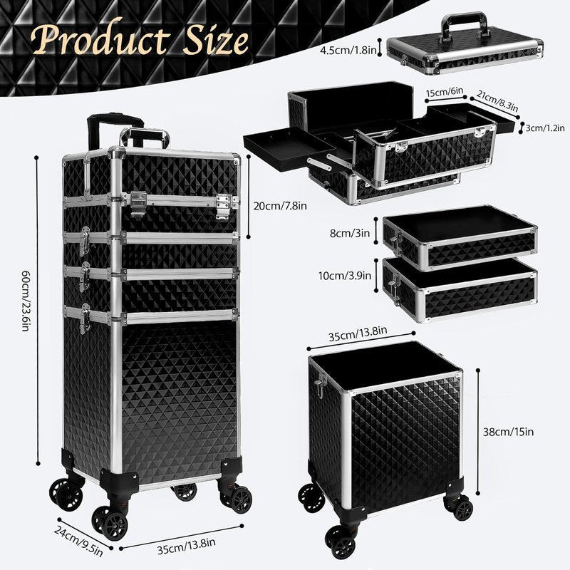 Rolling Makeup Train Case - 5 in 1 Professional Cosmetic Organizer on Wheels | Large Black Storage for Hairstylists & Artists