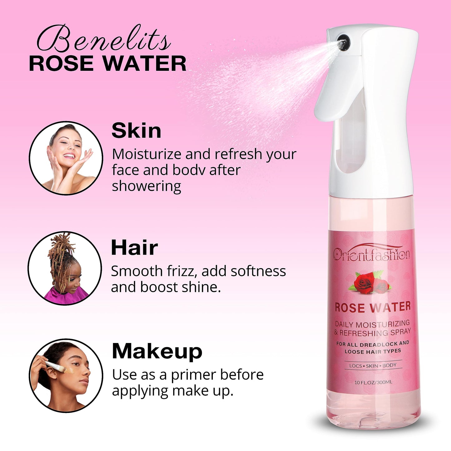 Orientfashion 10 Fl Oz Rose Water Spray for Locs, Loc Moisturizer Refreshing Spray Rosewater Hair Scalp Moisturizer for Hair Care and Maintenance, Castor Oil