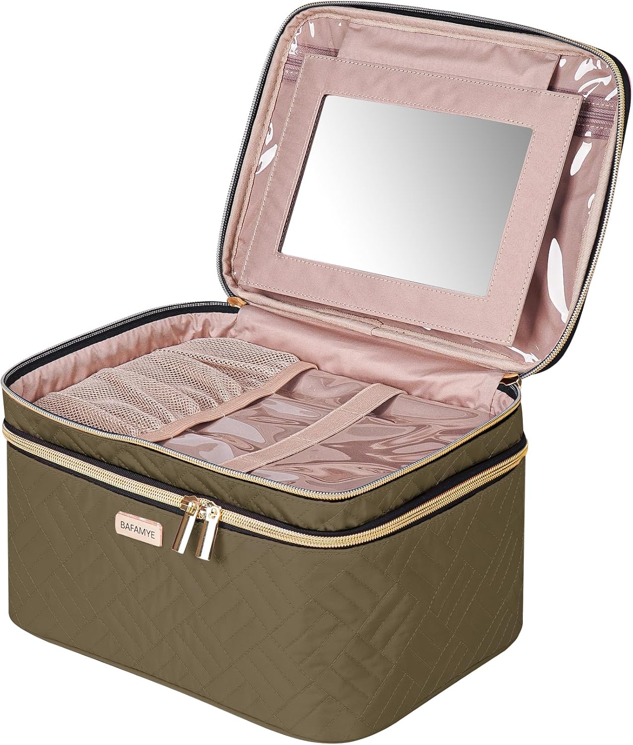 Double Layer Travel Makeup Bag With Mirror - 8.8L Large Cosmetic Organizer for Women | Brown