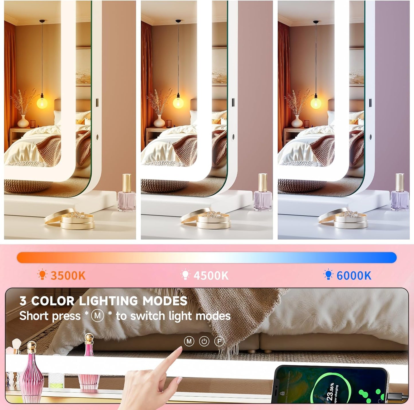 LED Makeup Mirror with Lights - 23" x 18" Dimmable Vanity Mirror | 10X Magnification, Smart Touch, USB Charging