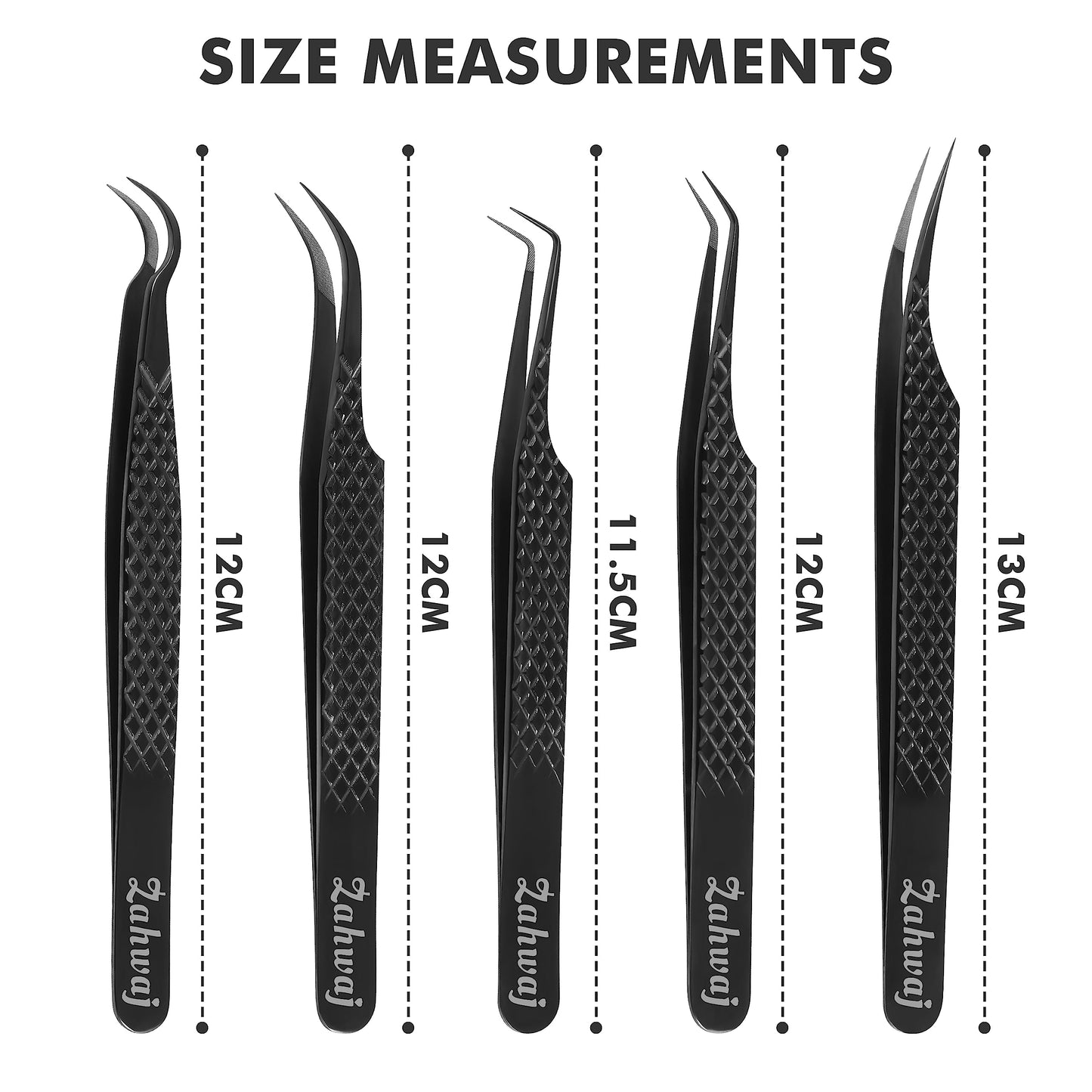 ZAHWAJ Fiber Tip Lash Tweezers - Set of 5 Diamond Grip Eyelash Extension Tweezers, Japanese Stainless Steel Tweezers Set for Volume, Isolation & Classic Lashes (Black)