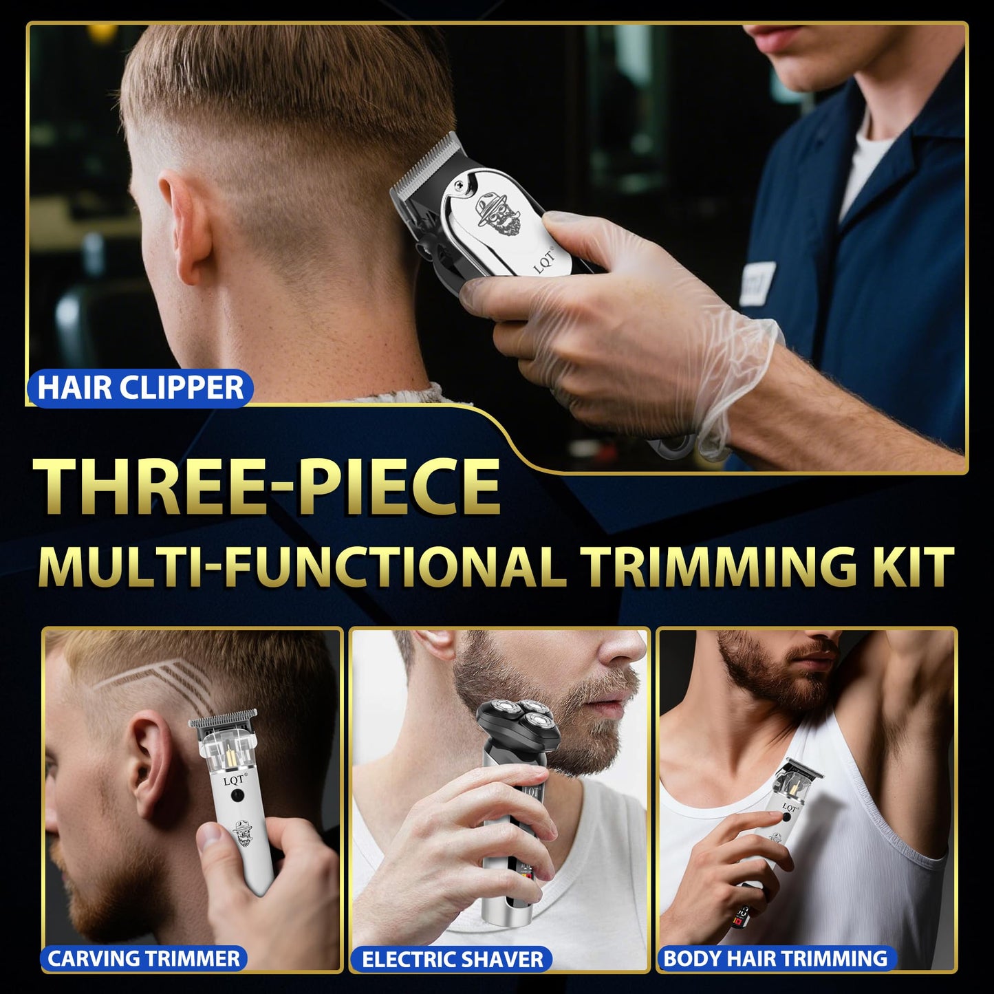 LQT Professional Barber Kit for Men, Cordless Hair Clipper, Trimmer & Rotary Shaver Set with LED Display, USB-C Rechargeable Battery,Precision Blades,Adjustable Speeds,Low Noise,Grooming Gifts for Men