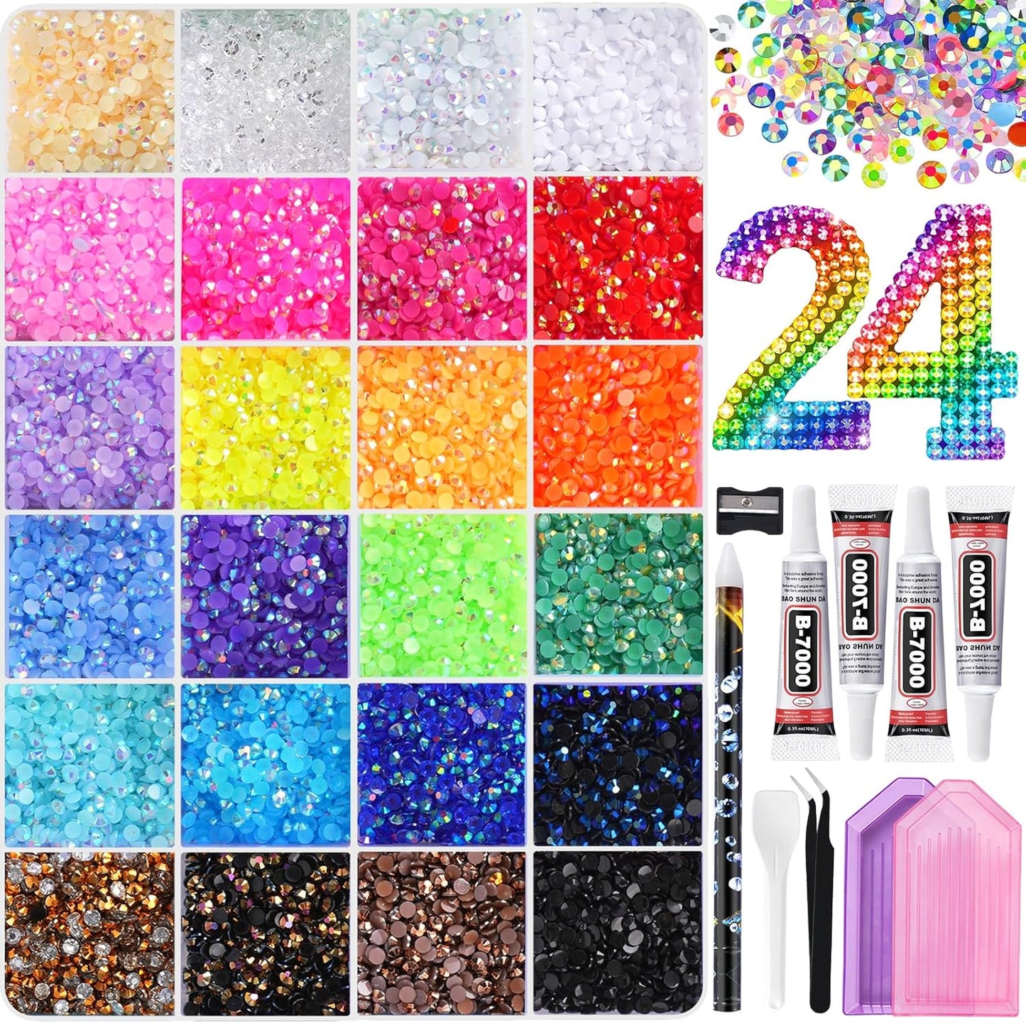 Resin Jelly Rhinestones - 40000 Pcs Flatback 3mm Gems | 30 Colors + 4 Pcs B7000 Jewelry Glue & Tools for Nail Art & Crafting