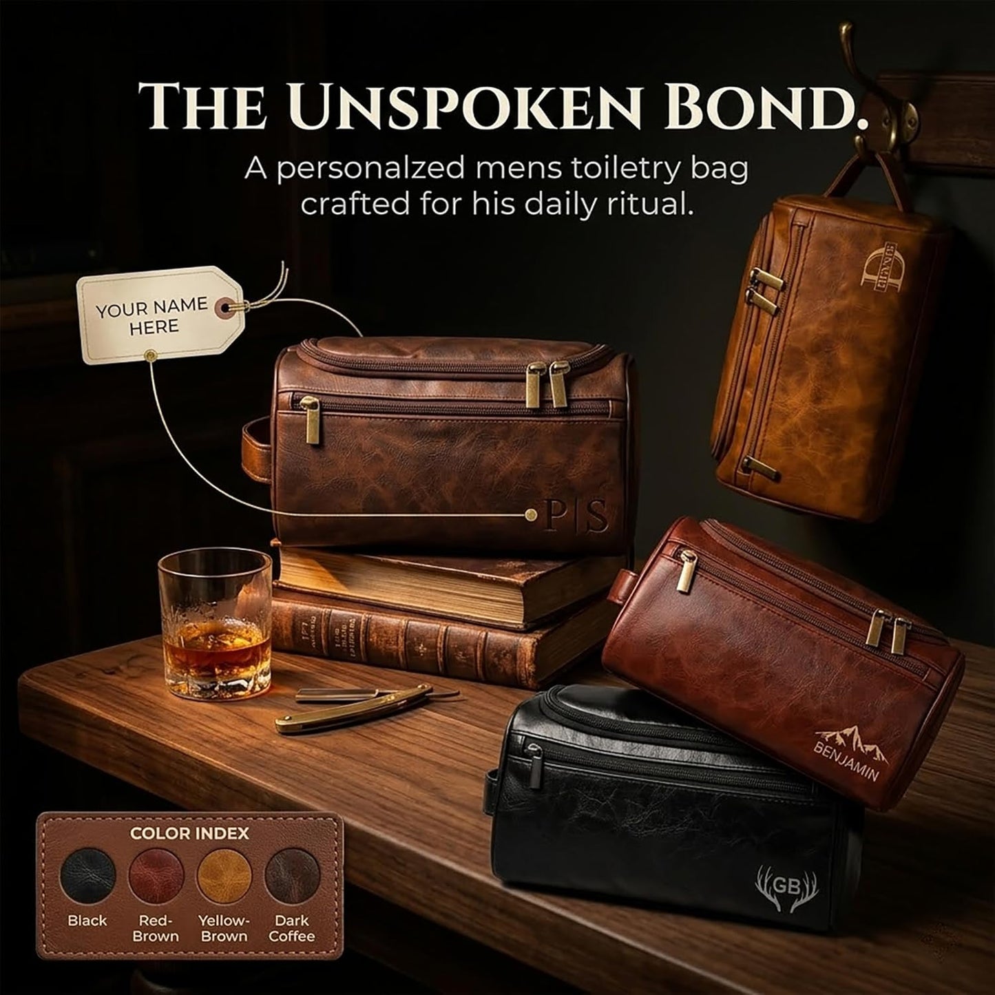 Personalized Leather Toiletry Bag for Men - Custom Engraved Travel Organizer | Groomsmen Gift (Coffee)
